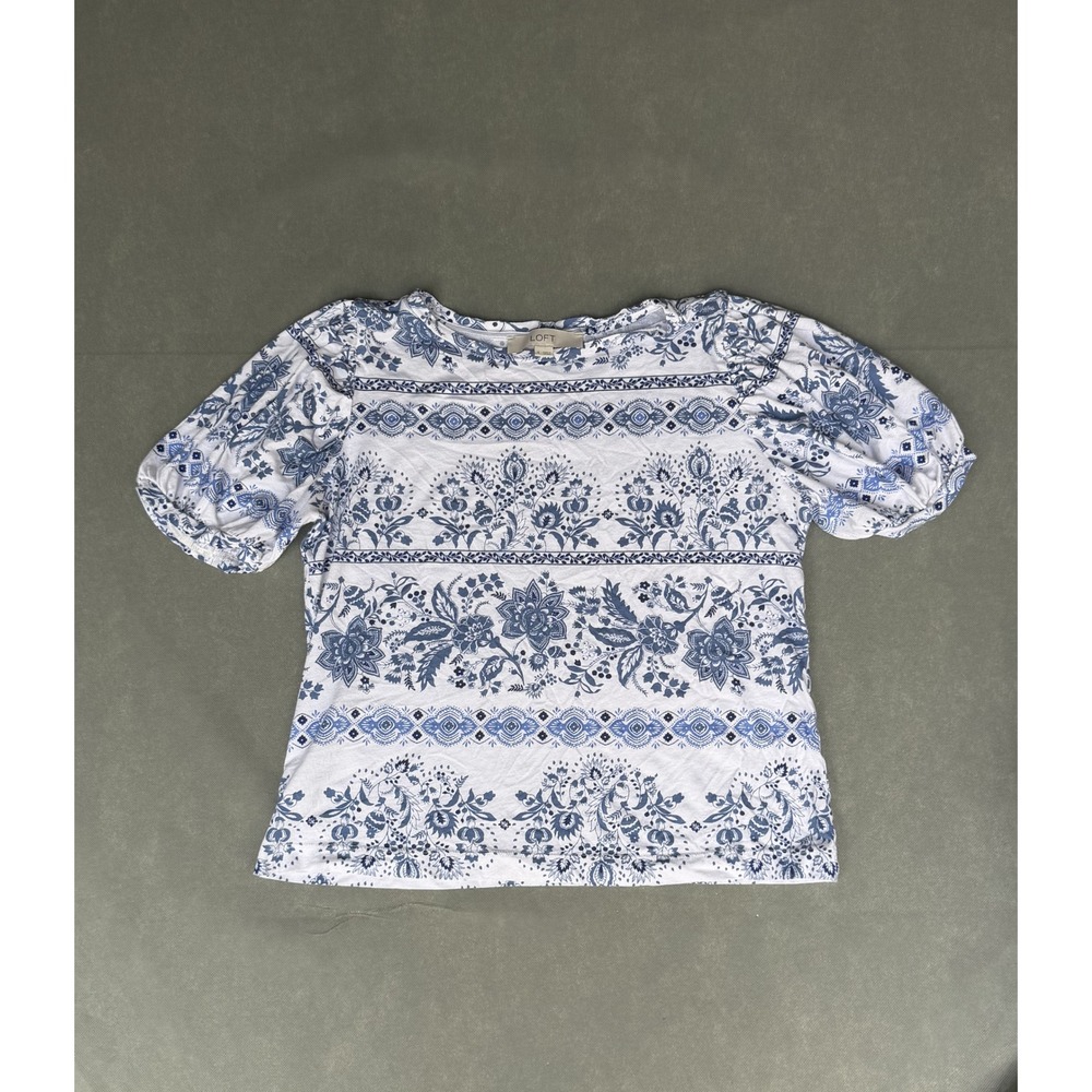 Loft Blue White Floral Medallion Puff Short Sleeve Pima Cotton Modal Top Small
